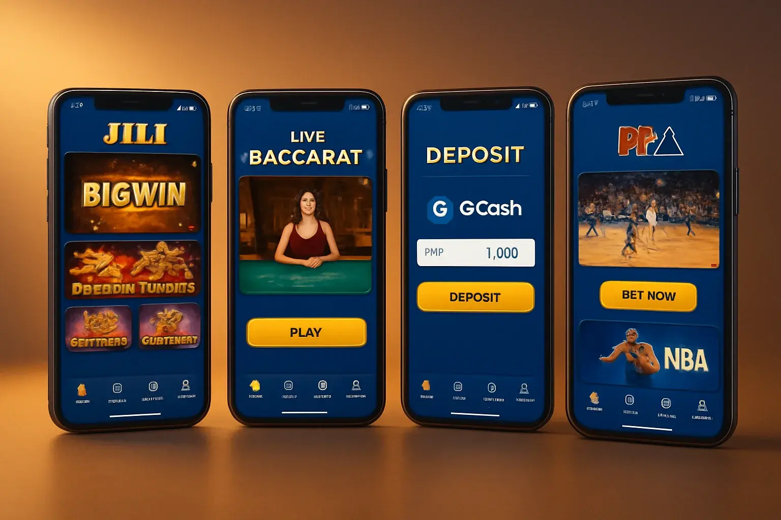 Multiple Android screens showing Philippine casino app with slots, baccarat, GCash, sports betting