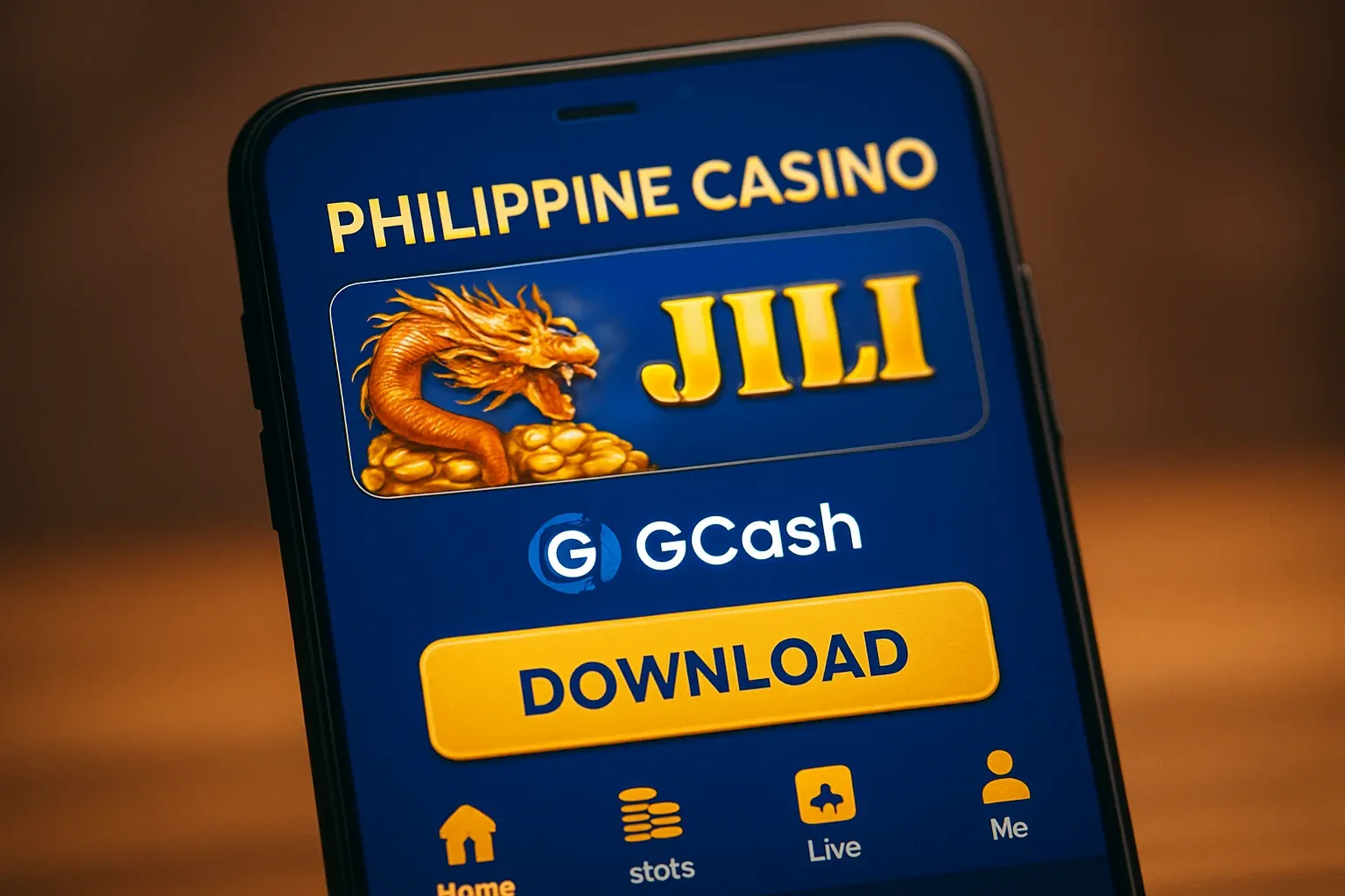 Android phone showing Philippine casino app with JILI UI and GCash payment