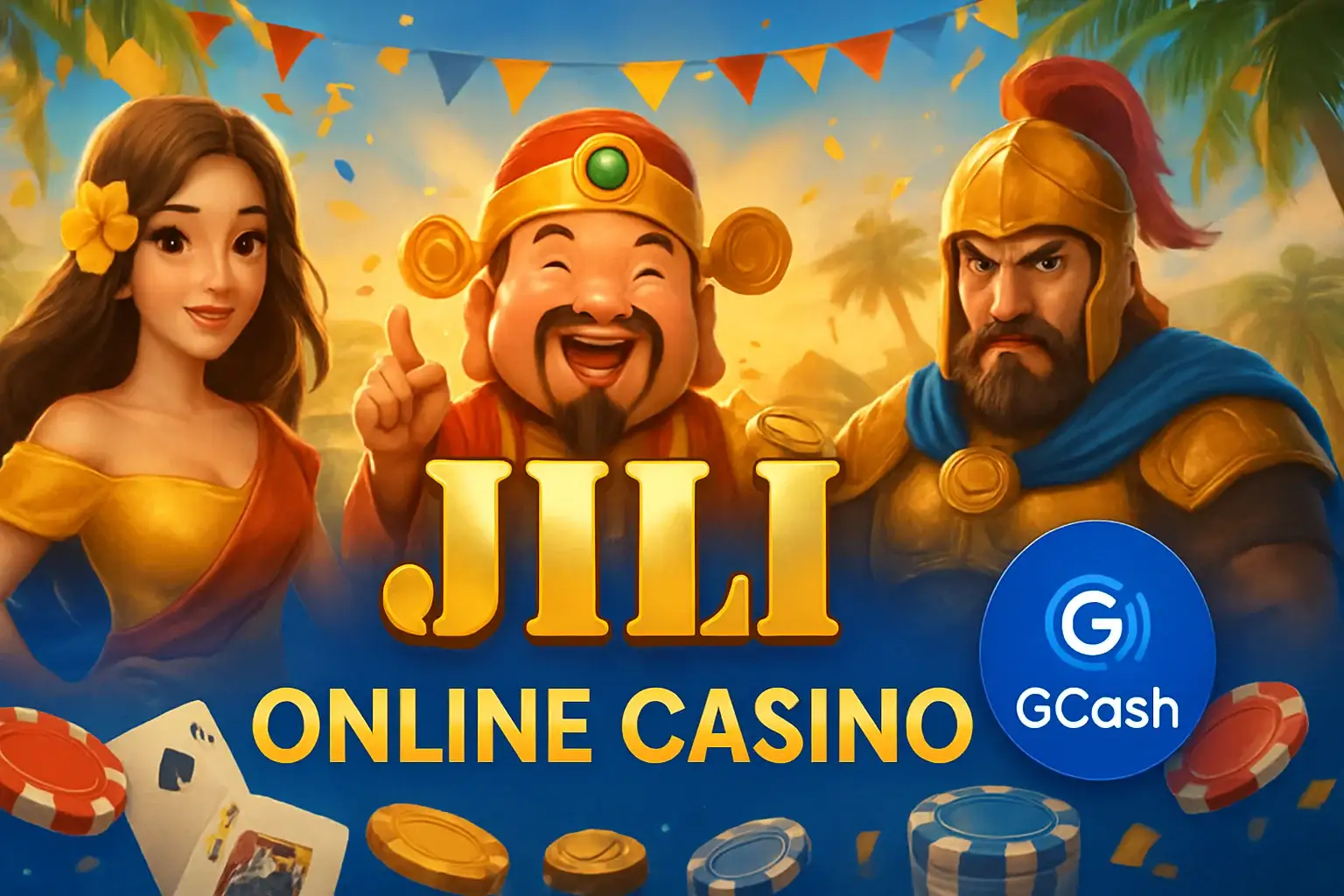 Vibrant Philippine online casino hero banner with JILI characters and GCash badge