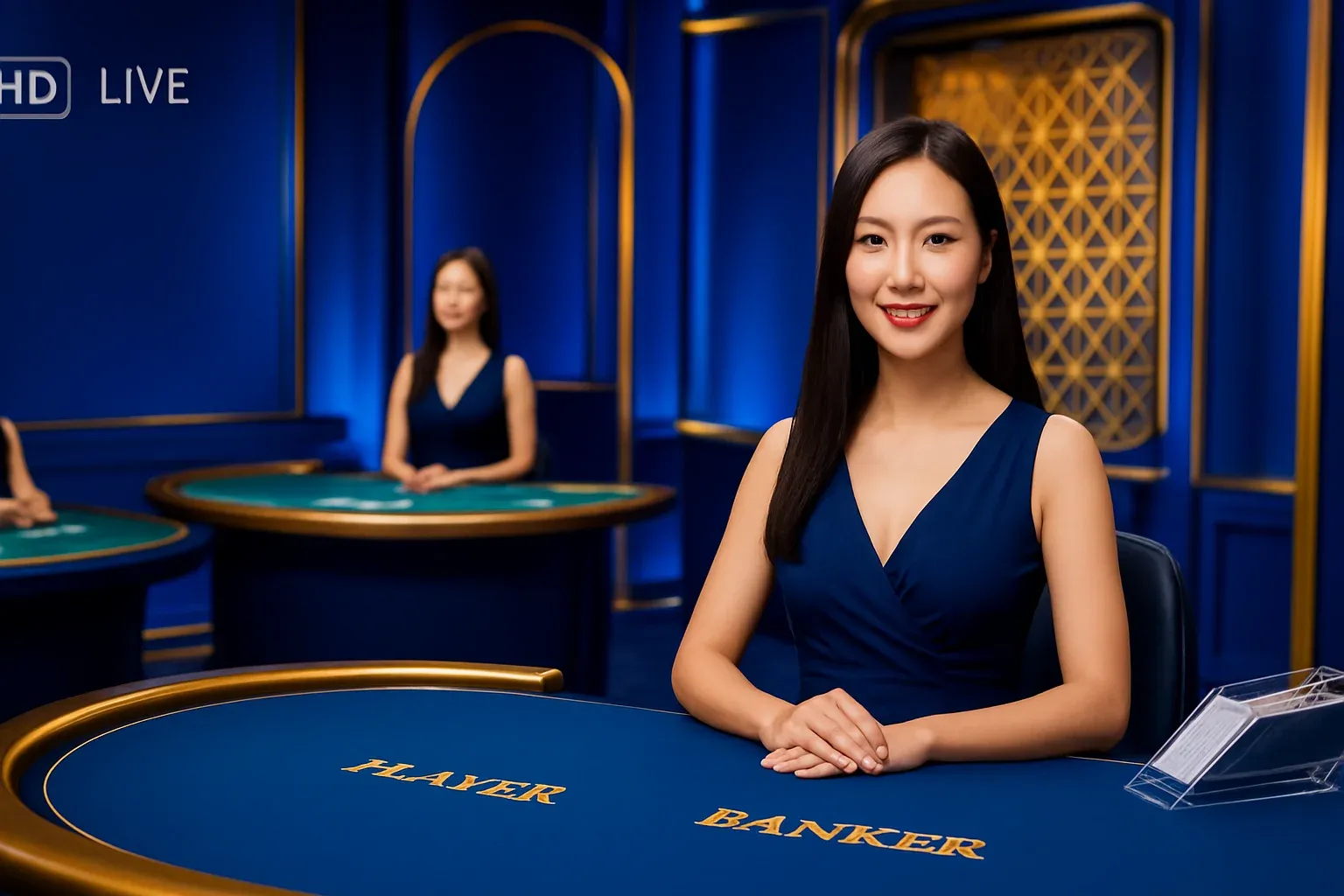 Elegant live casino studio with Asian dealers, baccarat and blackjack tables
