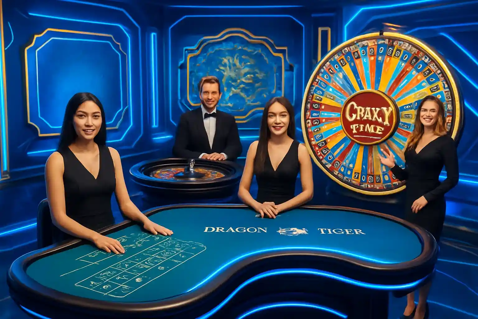 Live casino game cards with dealers, baccarat, roulette, Crazy Time wheel