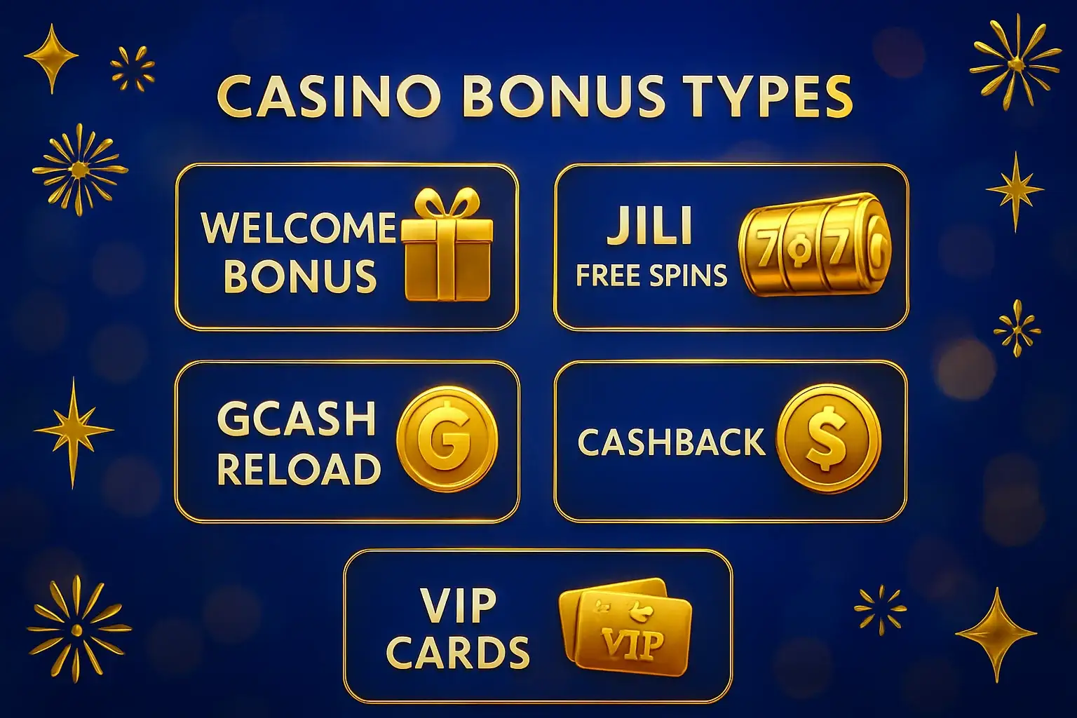 Welcome bonus, JILI free spins, GCash reload, cashback and VIP cards display