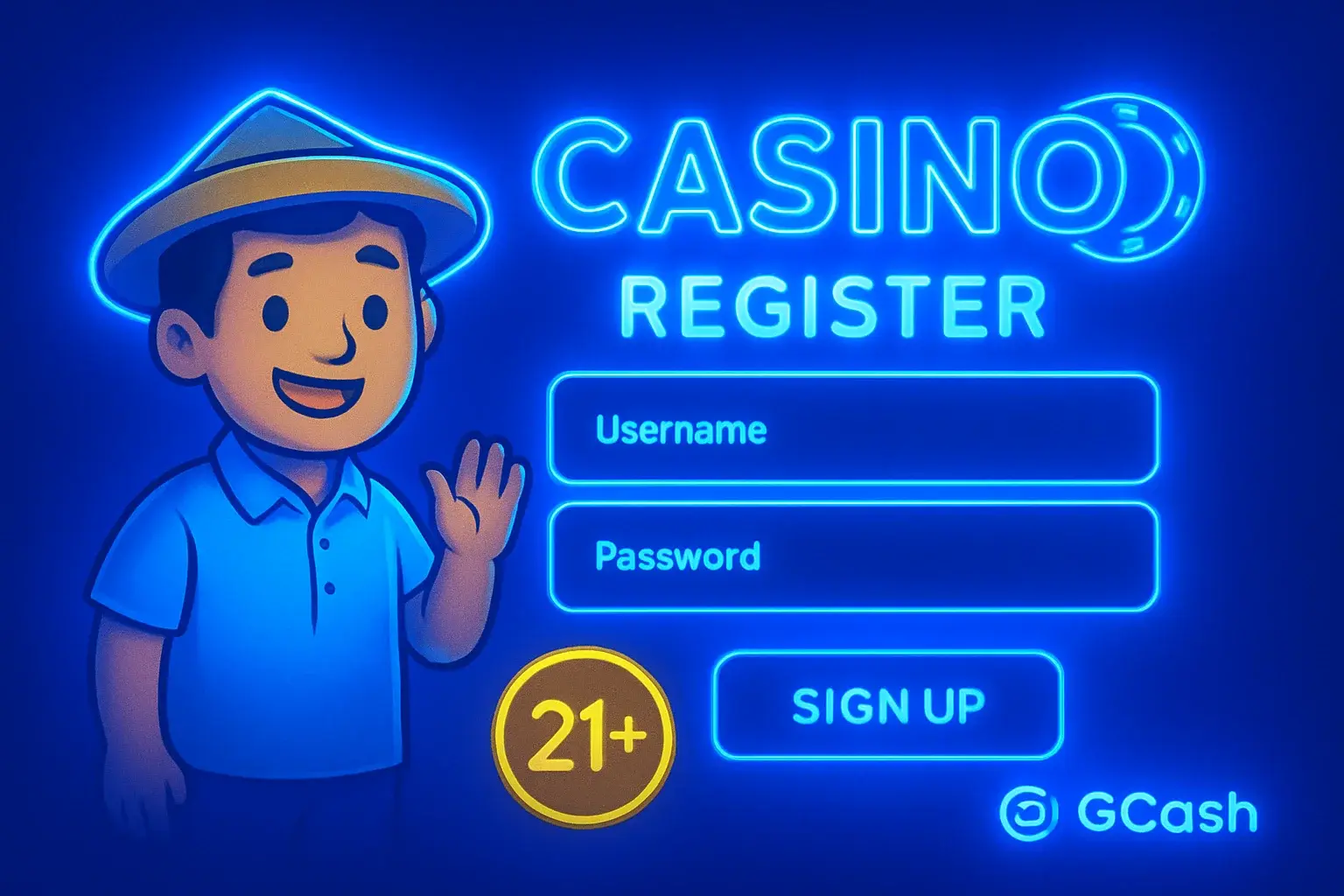 Philippine casino sign-up form on royal blue with gold 21+ badge and GCash logo