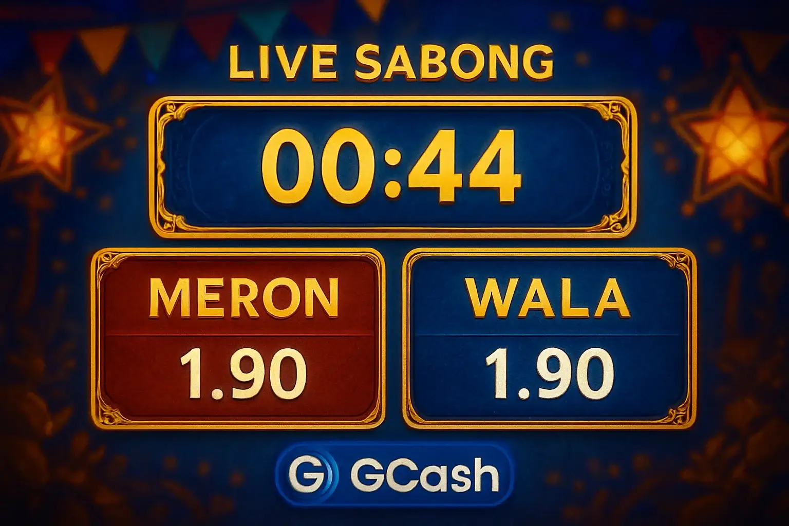 Live sabong countdown timer with Meron vs Wala betting panel and GCash badge
