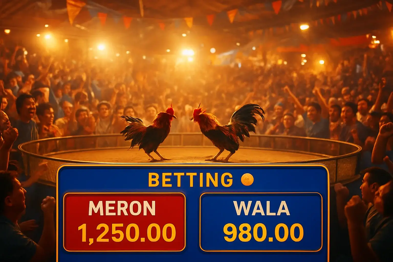 Philippine online sabong betting interface with Meron and Wala panels in blue and gold