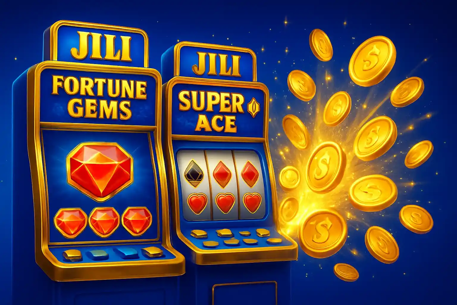 Bright Philippine casino slot machines with JILI symbols and exploding gold coins