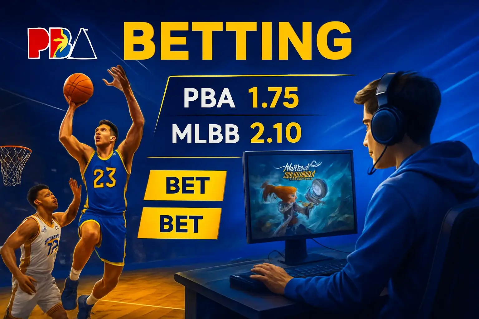 Philippine sports betting banner with PBA action and Mobile Legends esports setup